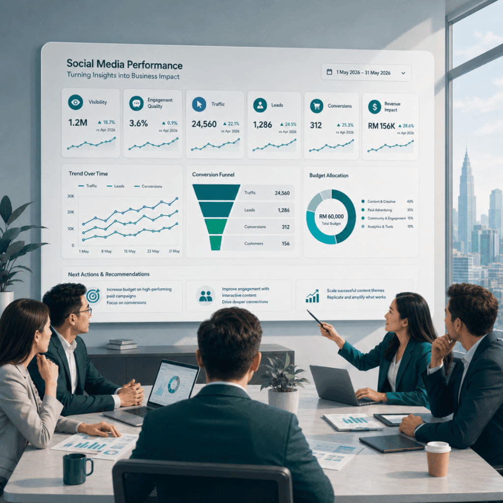 Social Media Marketing Malaysia: What Businesses Should Measure Beyond Reach and Likes 3 Business team discussing social media marketing performance reporting and strategy decisions 1