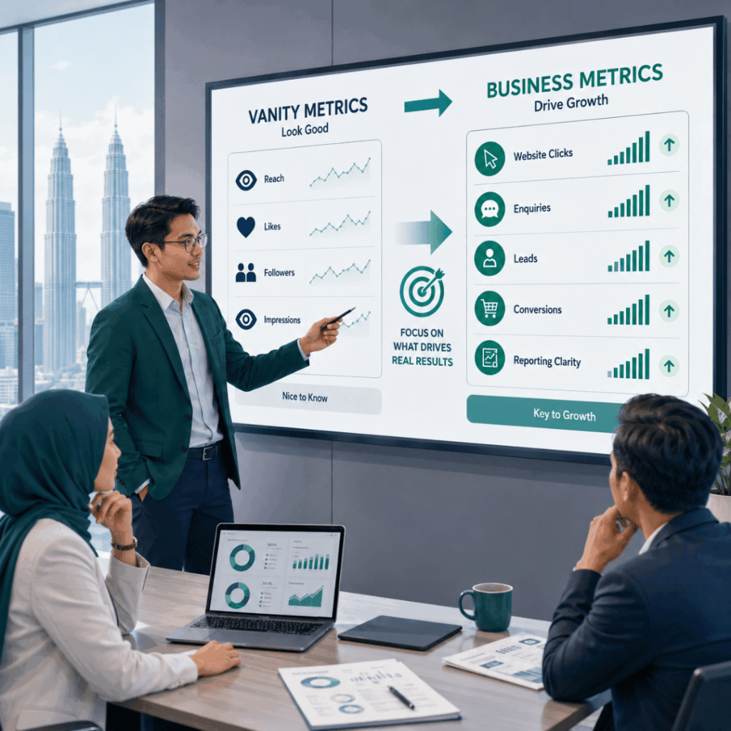 Social Media Marketing Malaysia: What Businesses Should Measure Beyond Reach and Likes 1 Comparison between vanity metrics and business metrics in social media marketing in Malaysia