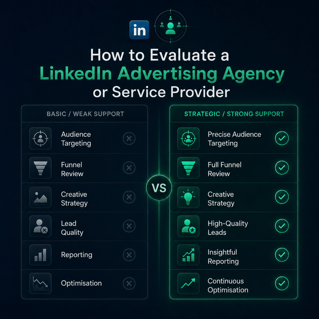 LinkedIn Ads service components including audience strategy campaign structure lead capture flow tracking and optimisation