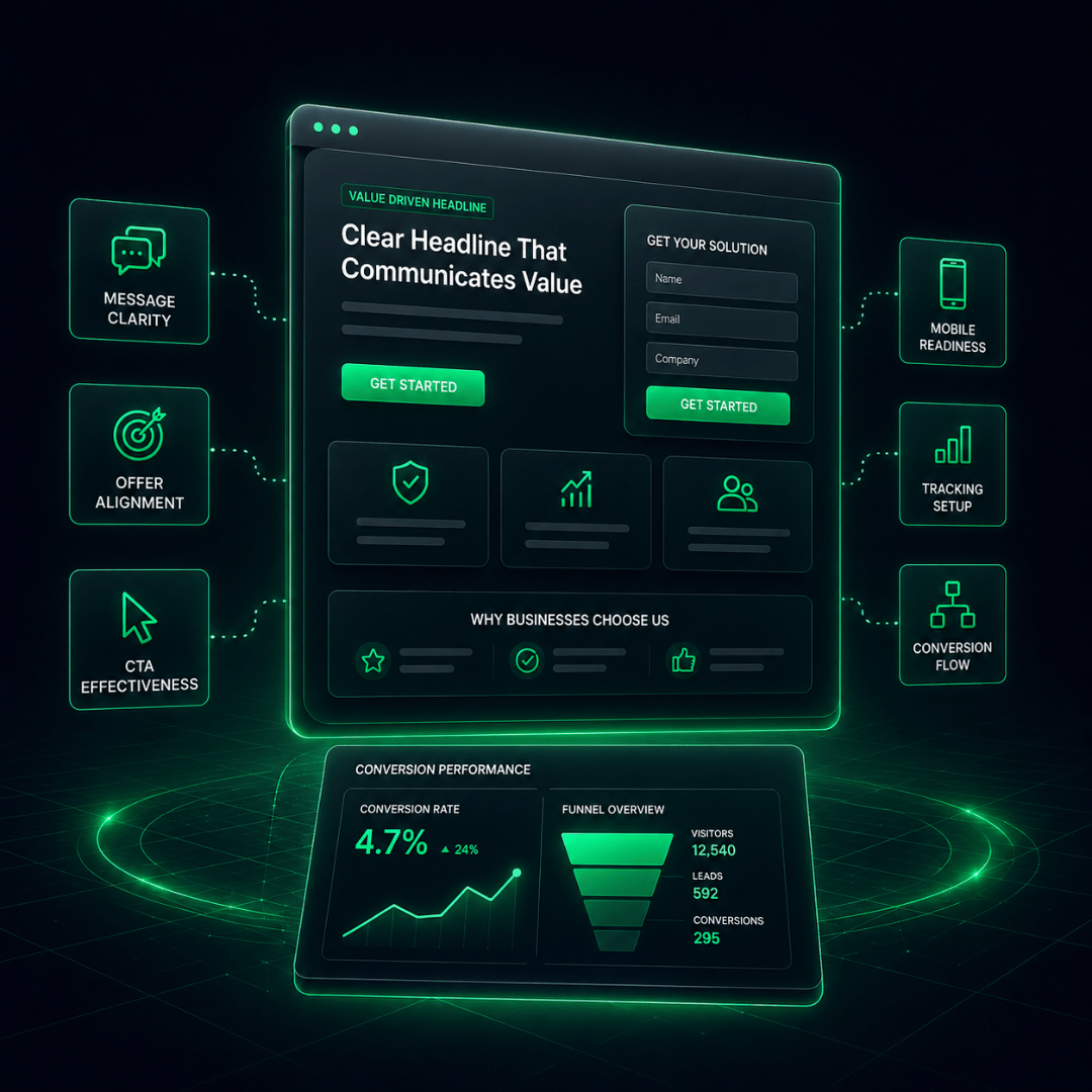 Landing page service illustration showing offer alignment page structure trust mobile readiness and tracking support