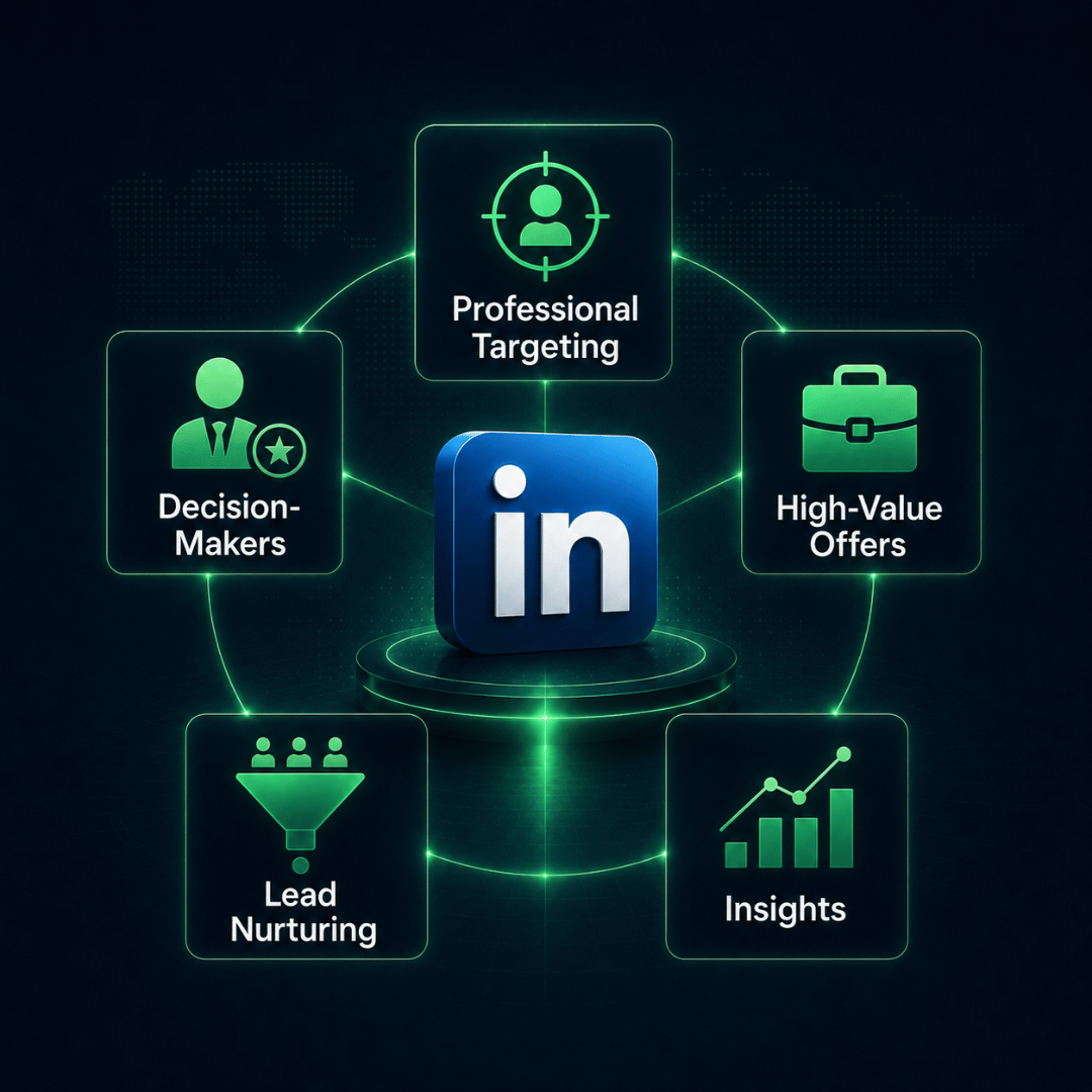 LinkedIn Ads for B2B lead generation showing professional targeting decision-makers and high-value prospects