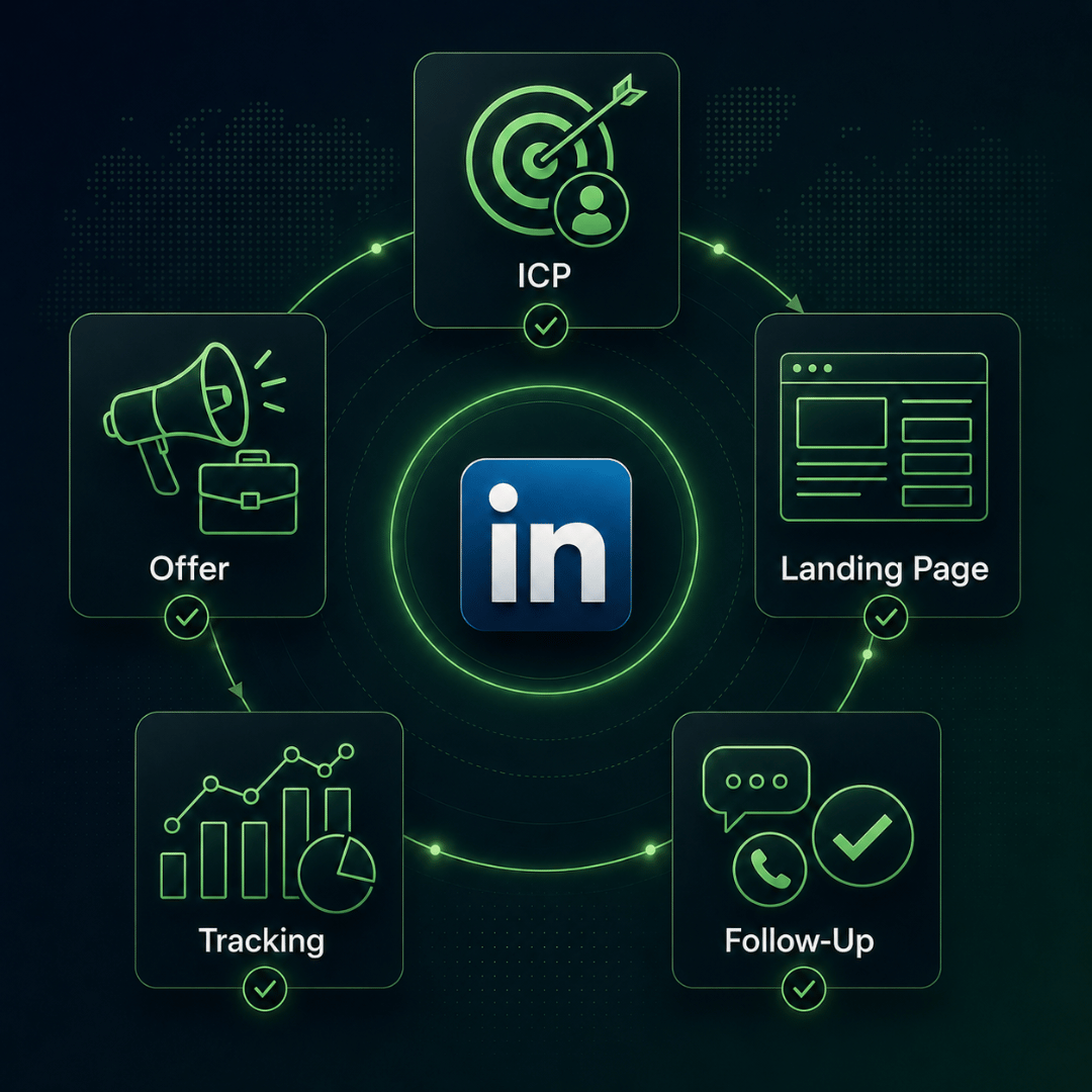 LinkedIn Ads readiness checklist showing ideal customer profile offer landing page tracking and follow up process