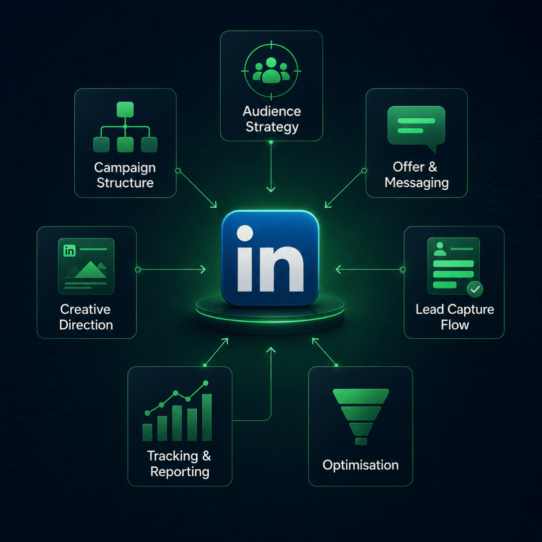 LinkedIn Ads for B2B service evaluation dashboard showing audience targeting, lead quality, reporting and pipeline growth