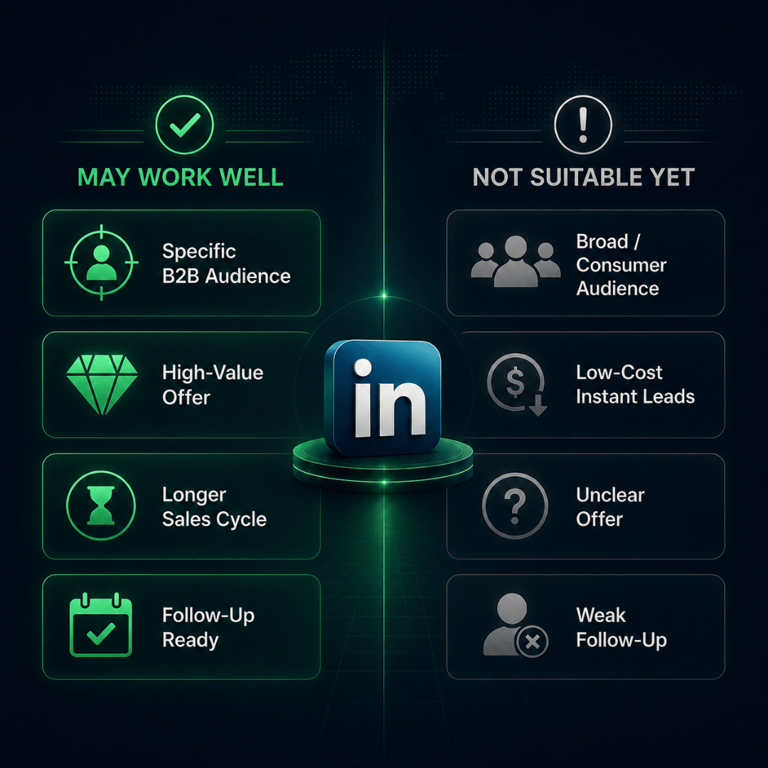 LinkedIn Ads suitability comparison for B2B businesses showing when the channel works well or may not fit yet