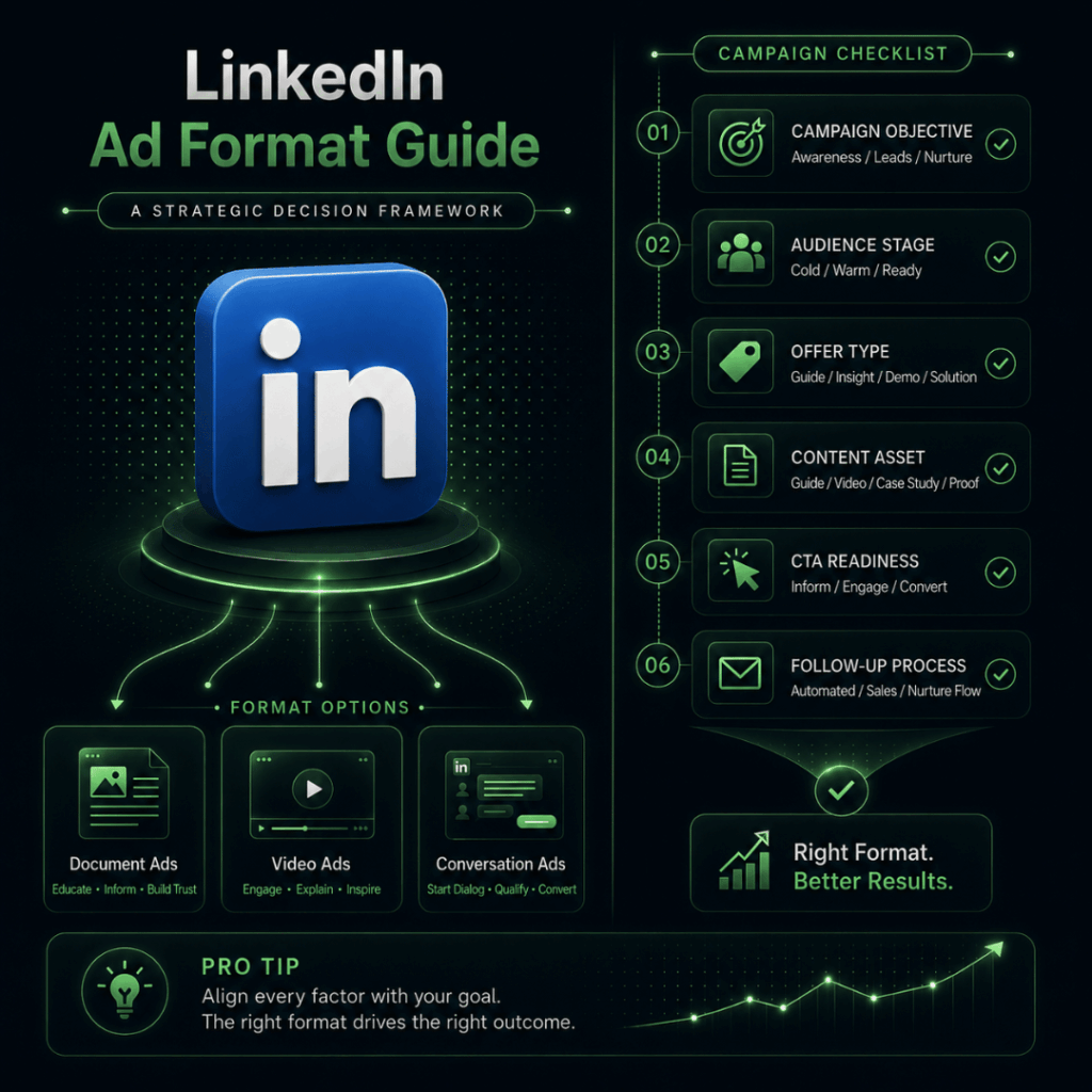 LinkedIn ad format checklist showing campaign objective audience stage offer type and CTA readiness