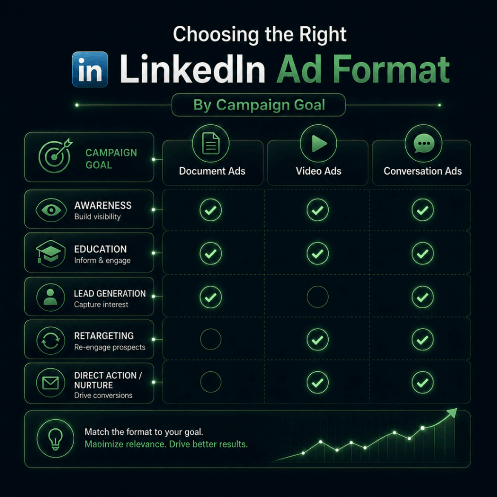 LinkedIn ad format selection dashboard for awareness lead generation nurture and conversion goals
