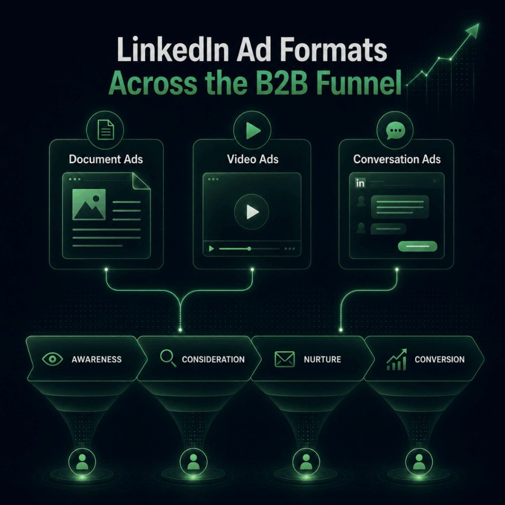 LinkedIn ad formats mapped to B2B funnel stages including Document Ads LinkedIn, Video Ads and Conversation Ads