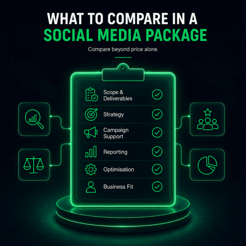 Social Media Marketing Price Malaysia: What Packages Usually Include and What Businesses Should Compare 3 Checklist illustration showing what businesses should compare in a social media marketing package