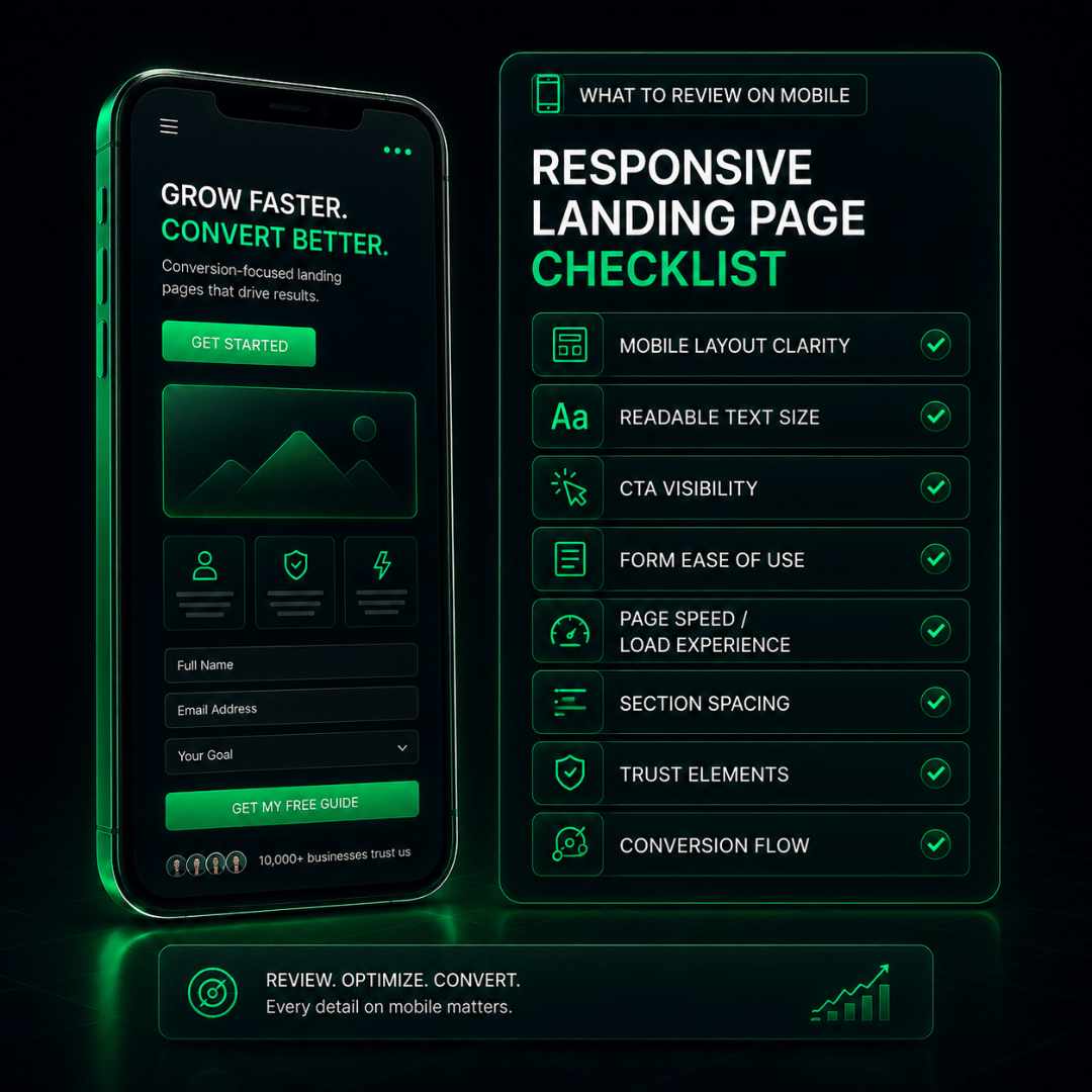 Checklist illustration showing what businesses should review on responsive landing pages to improve mobile conversion Checklist illustration showing what businesses should review on responsive landing pages to improve mobile conversion
