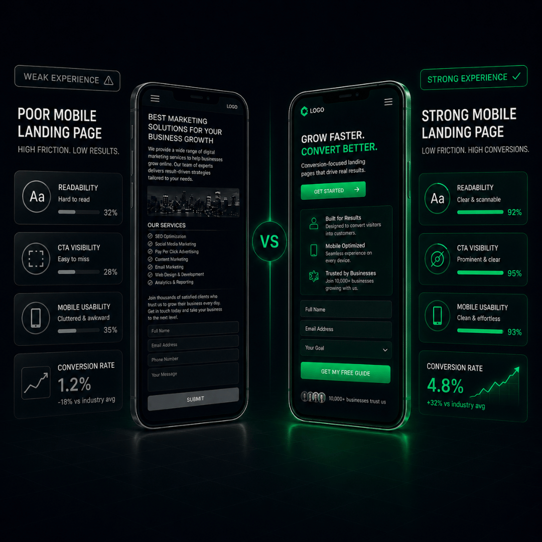 Comparison illustration showing weak versus strong mobile landing page experience and its effect on conversion Comparison illustration showing weak versus strong mobile landing page experience and its effect on conversion