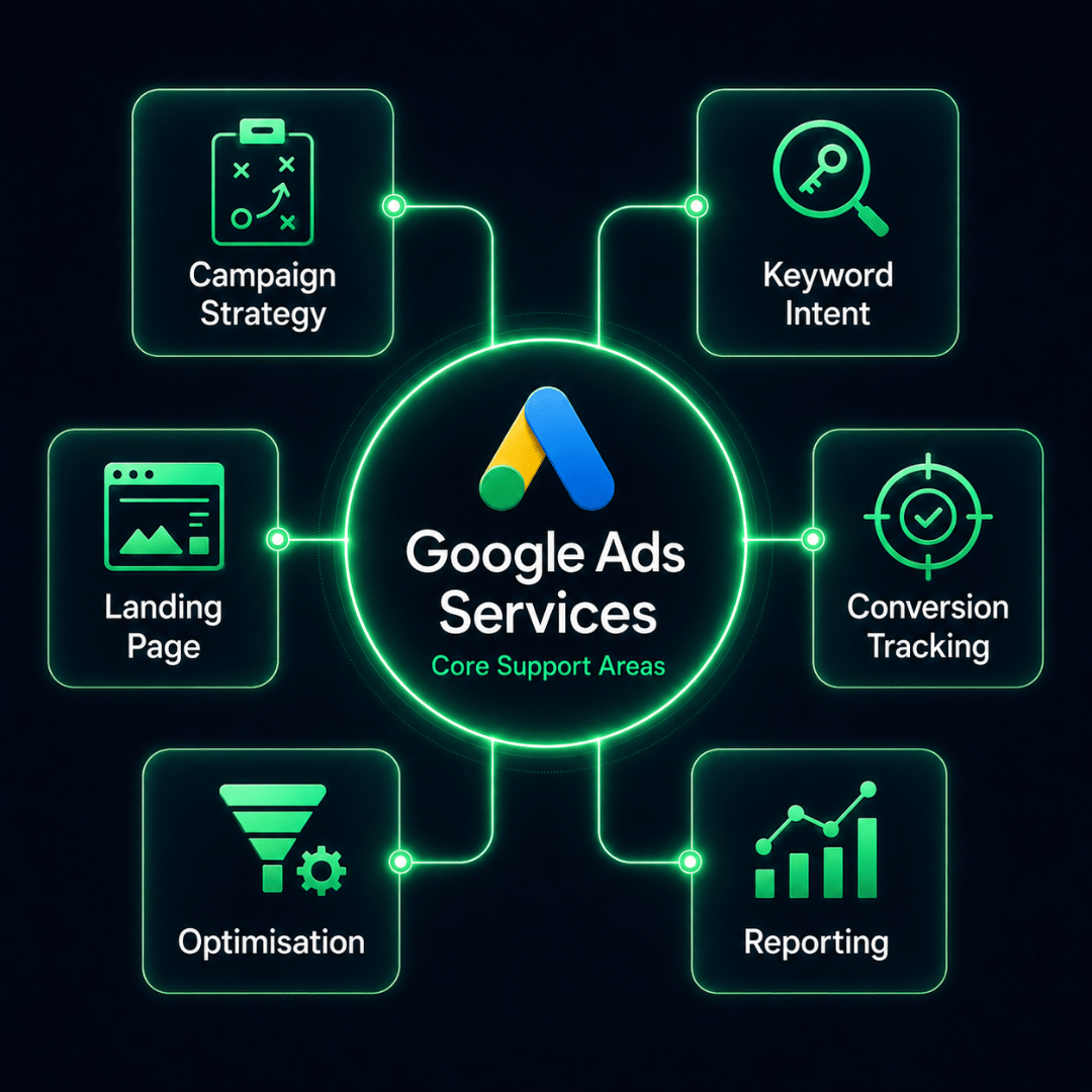 Google Ads service components including campaign planning tracking reporting and optimisation