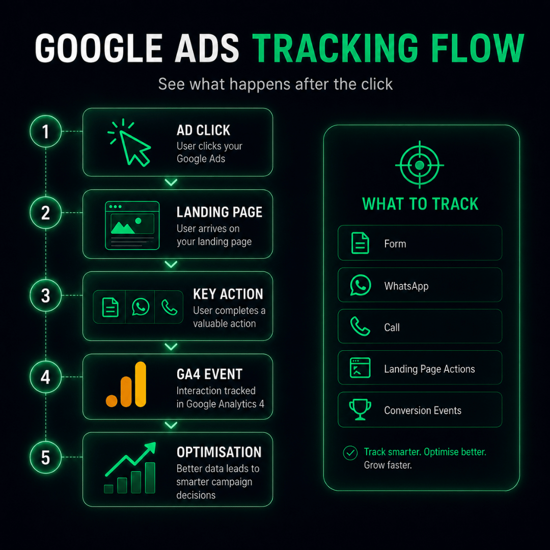 Google Ads tracking flow from ad click to landing page action, GA4 event and campaign optimisation
