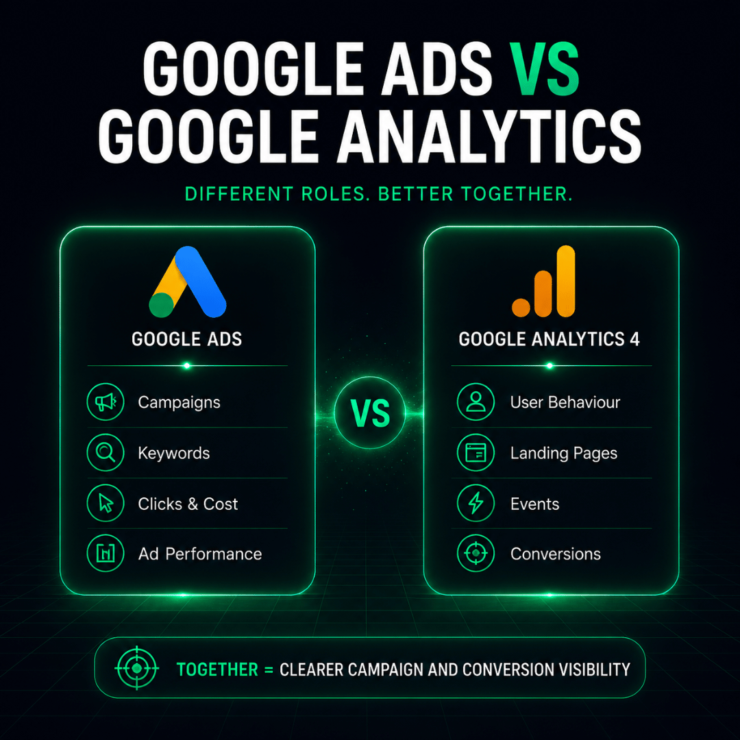 Google Ads vs Google Analytics comparison showing campaign data and website conversion insights Google Ads vs Google Analytics comparison showing campaign data and website conversion insights