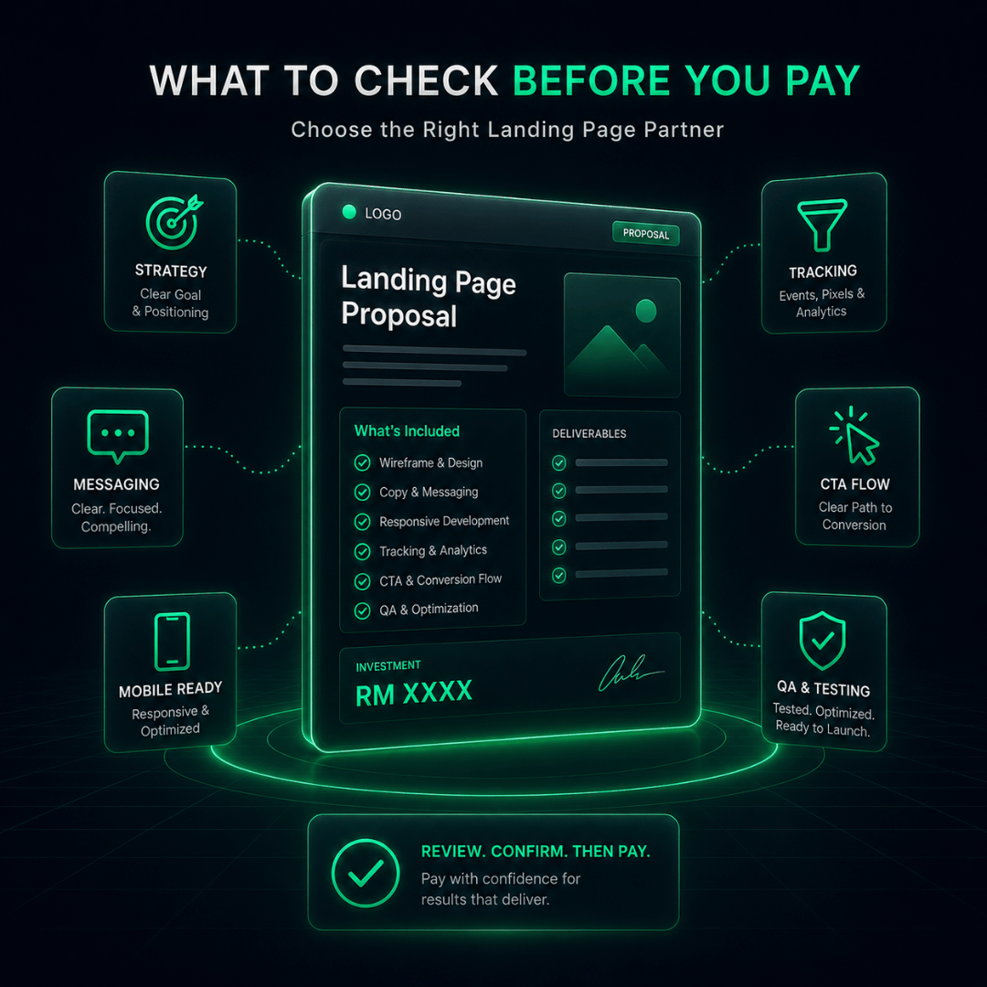 Landing page provider evaluation illustration showing what businesses should check before paying for a landing page service