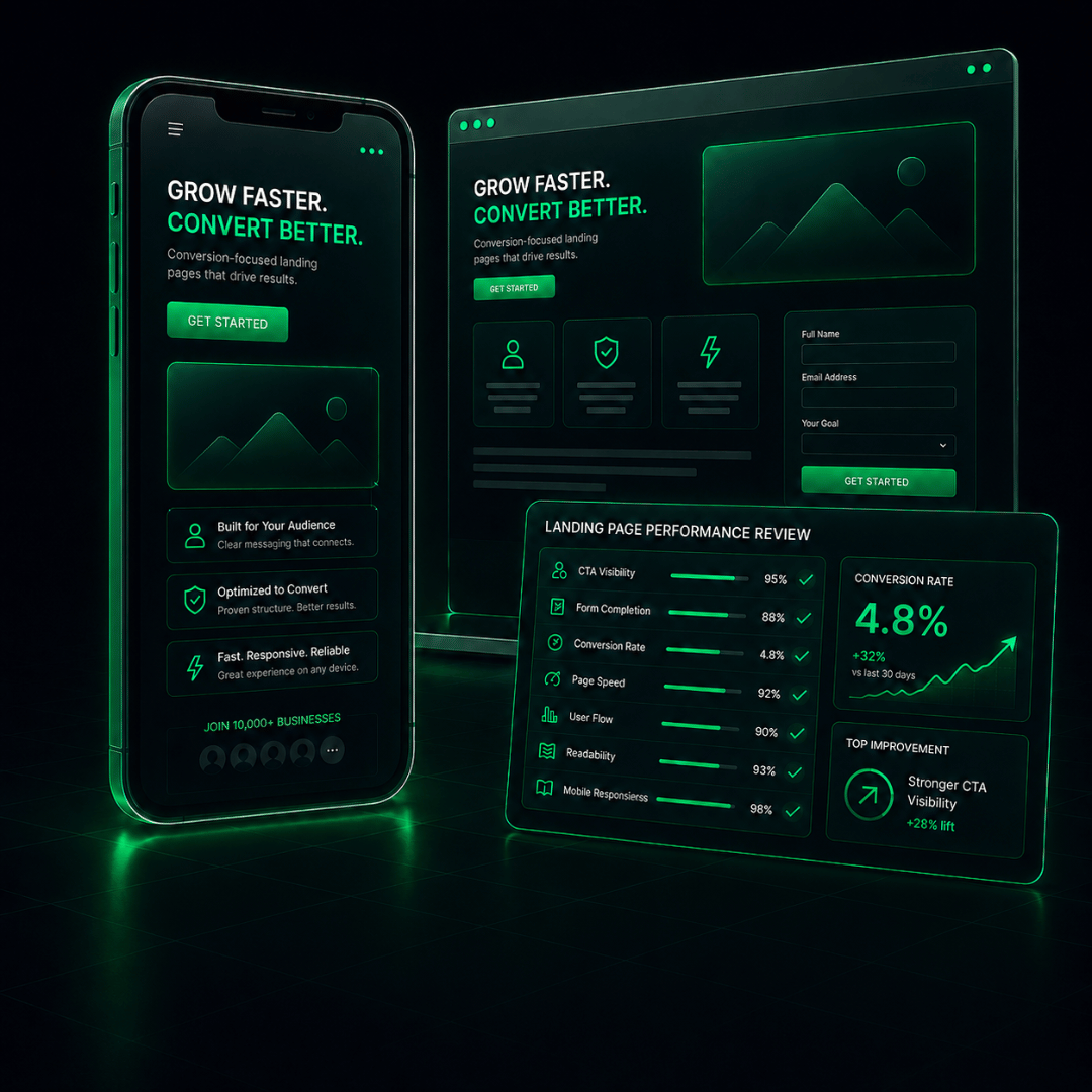Responsive landing page design illustration showing mobile landing page performance review and conversion-focused int Responsive landing page design illustration showing mobile landing page performance review and conversion-focused int