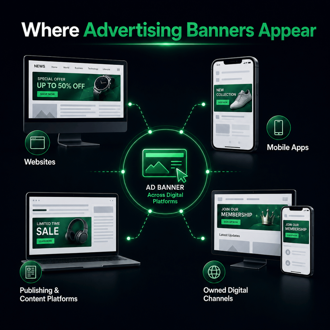 Advertising banners appearing across websites, mobile apps and digital content platforms