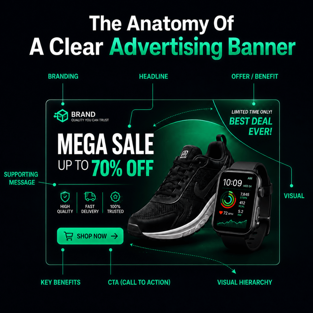 Anatomy of a clear advertising banner showing headline, offer, visual, branding and CTA