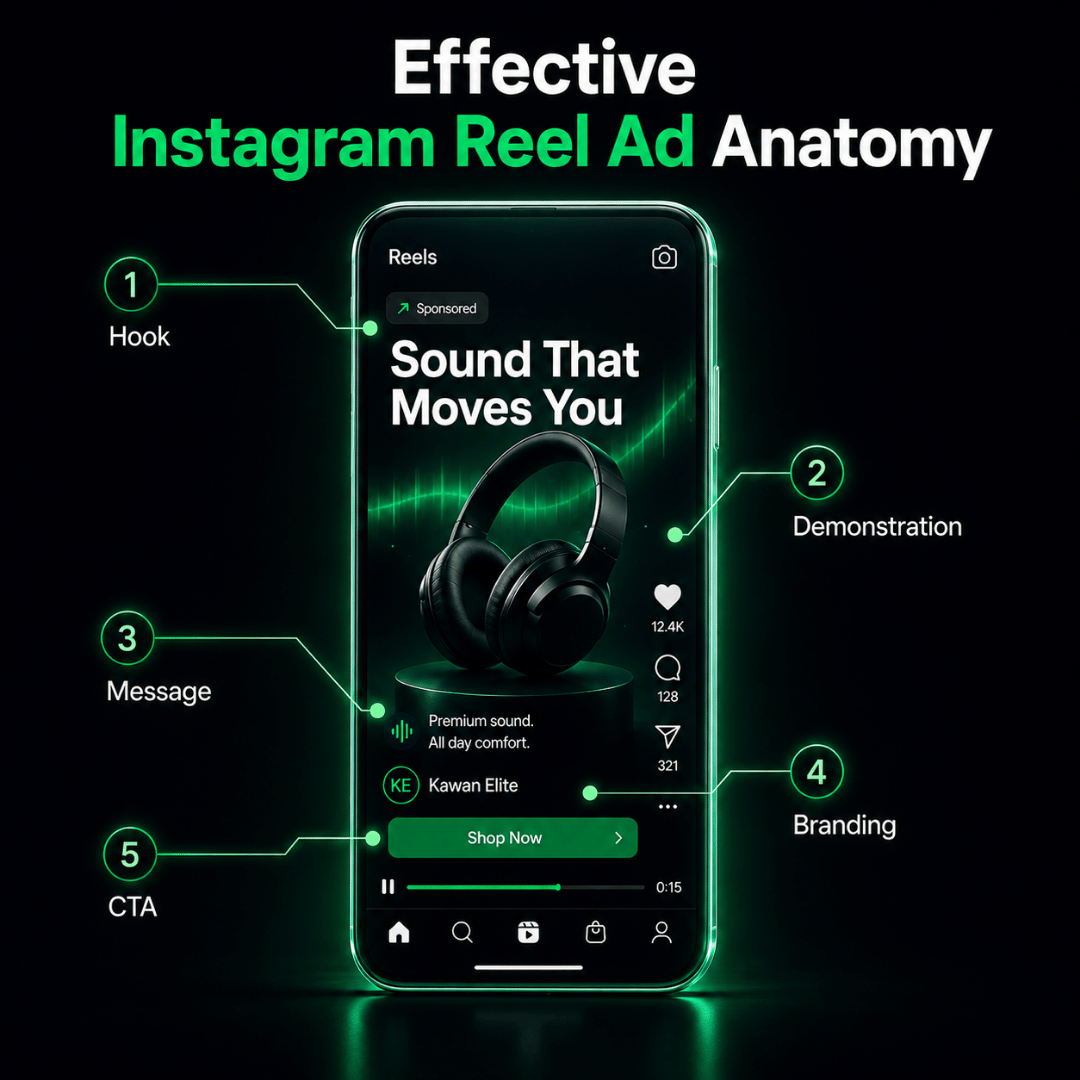 Anatomy of an effective Instagram Reel ad showing hook, demonstration, message, branding and CTA Anatomy of an effective Instagram Reel ad showing hook, demonstration, message, branding and CTA
