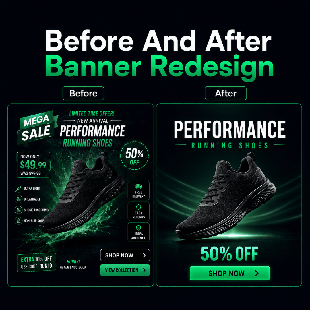 Before and after comparison of an overcrowded banner design with a clearer version