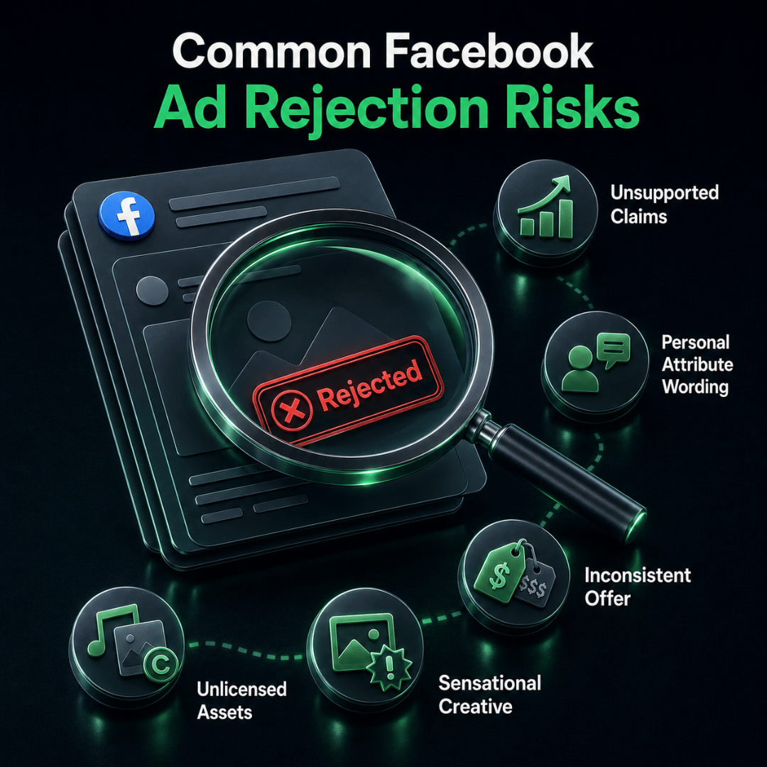 Common Facebook ad rejection risks including unsupported claims personal attributes and inconsistent offers