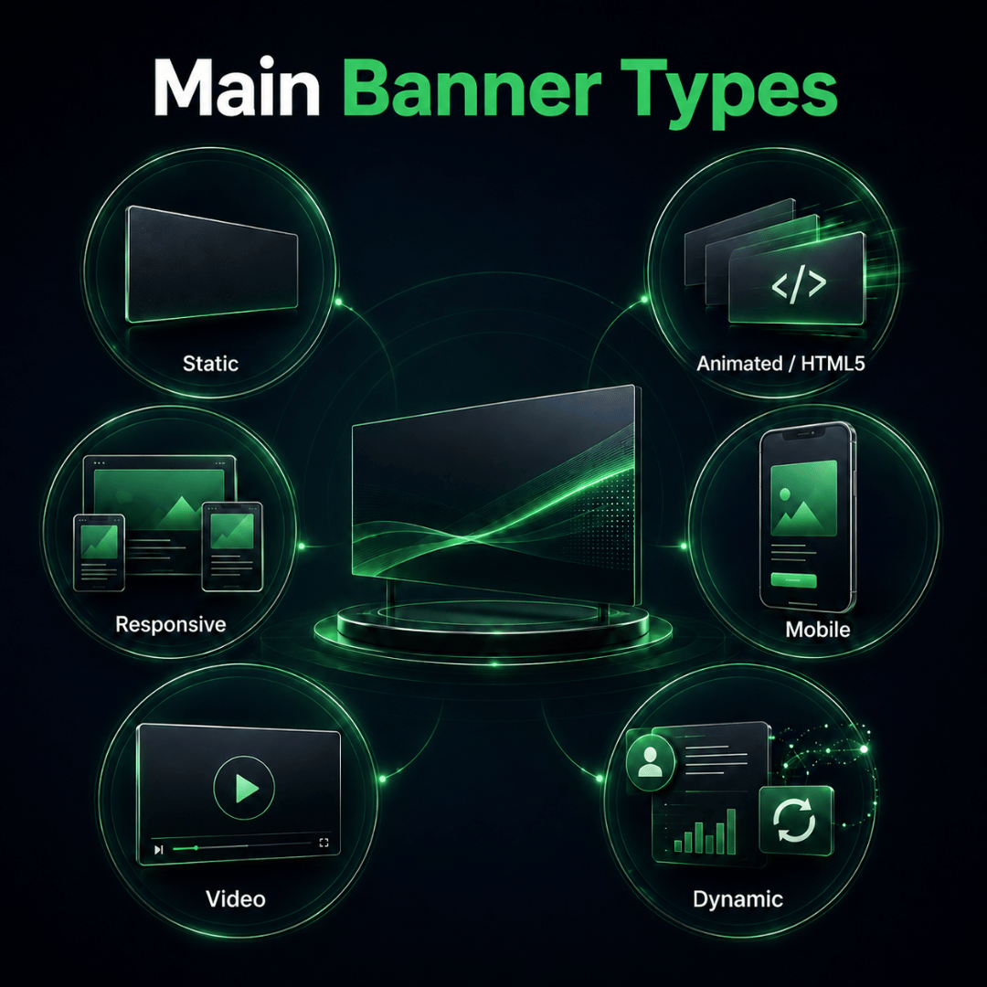 Common banner types including static, animated, responsive, mobile, video and dynamic banners Common banner types including static, animated, responsive, mobile, video and dynamic banners