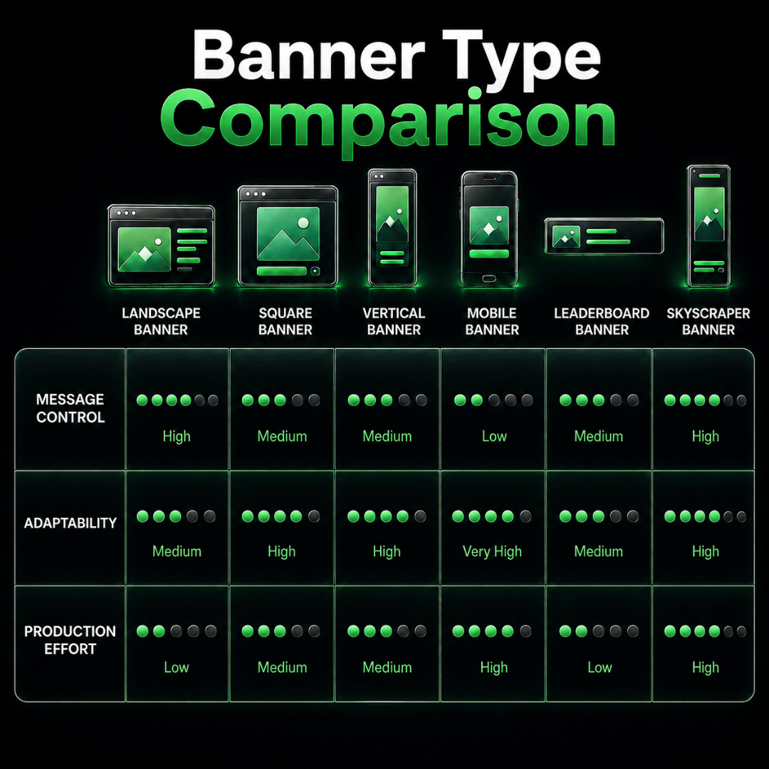 Comparison of banner formats by message control, adaptability and production effort Comparison of banner formats by message control, adaptability and production effort
