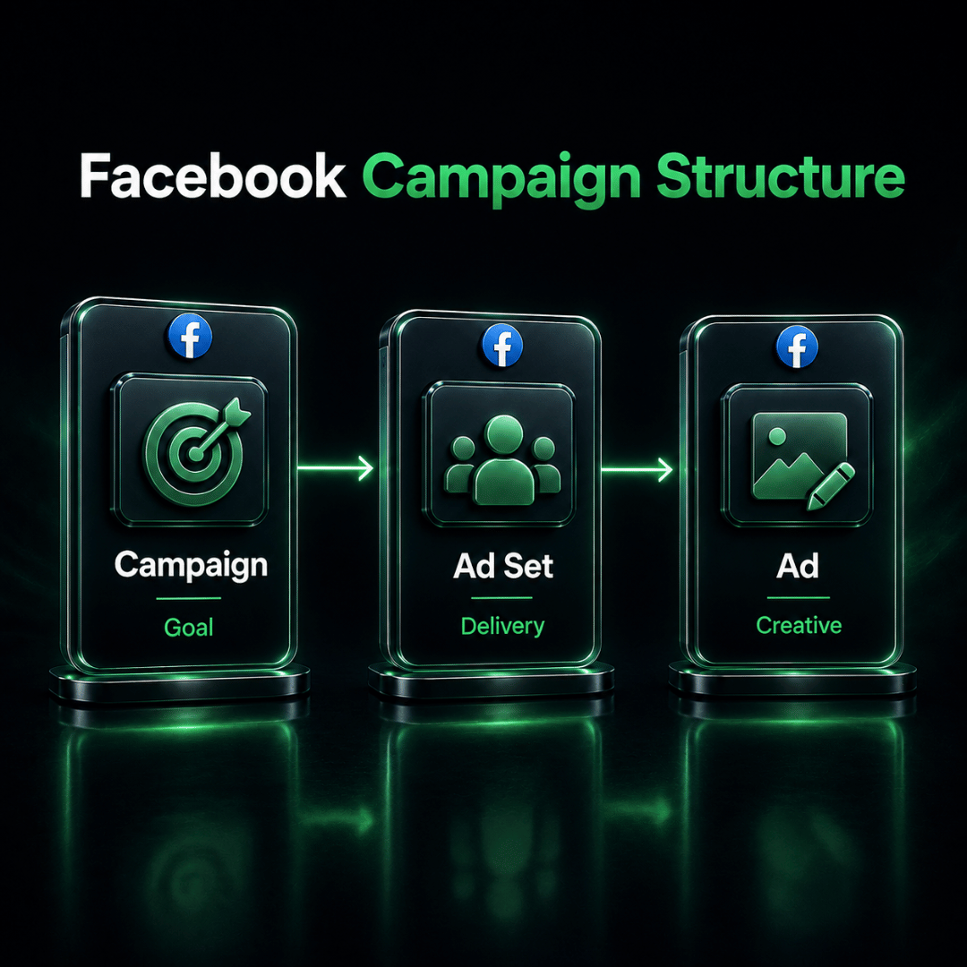 Facebook Ads Manager campaign structure showing the campaign, ad set and advertisement levels