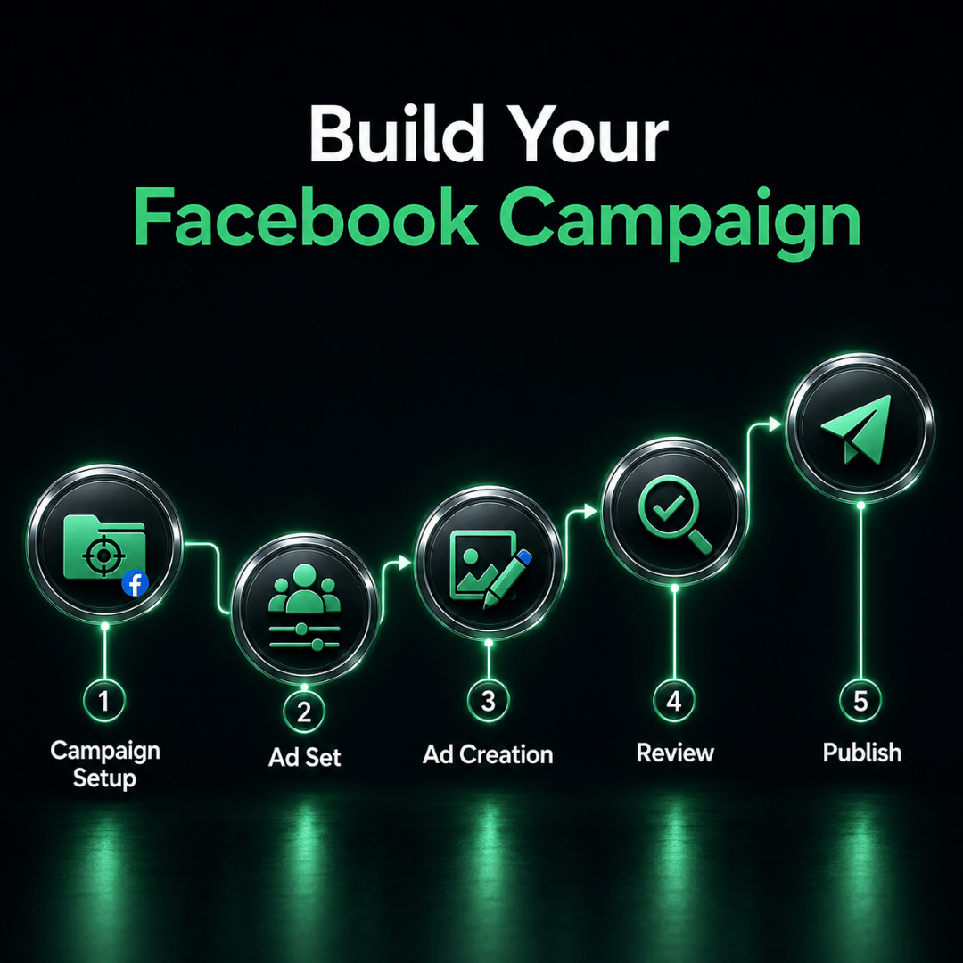 Facebook Ads Manager workflow for creating, reviewing and publishing a Facebook advertising campaign