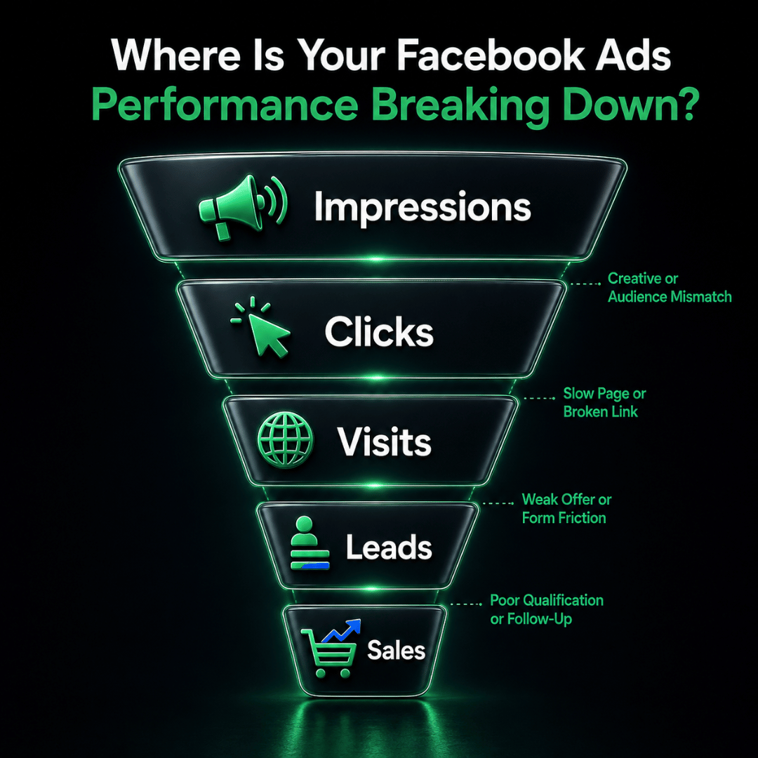 Facebook Ads performance funnel showing where results may be lost between impressions, clicks, visits, leads and sales