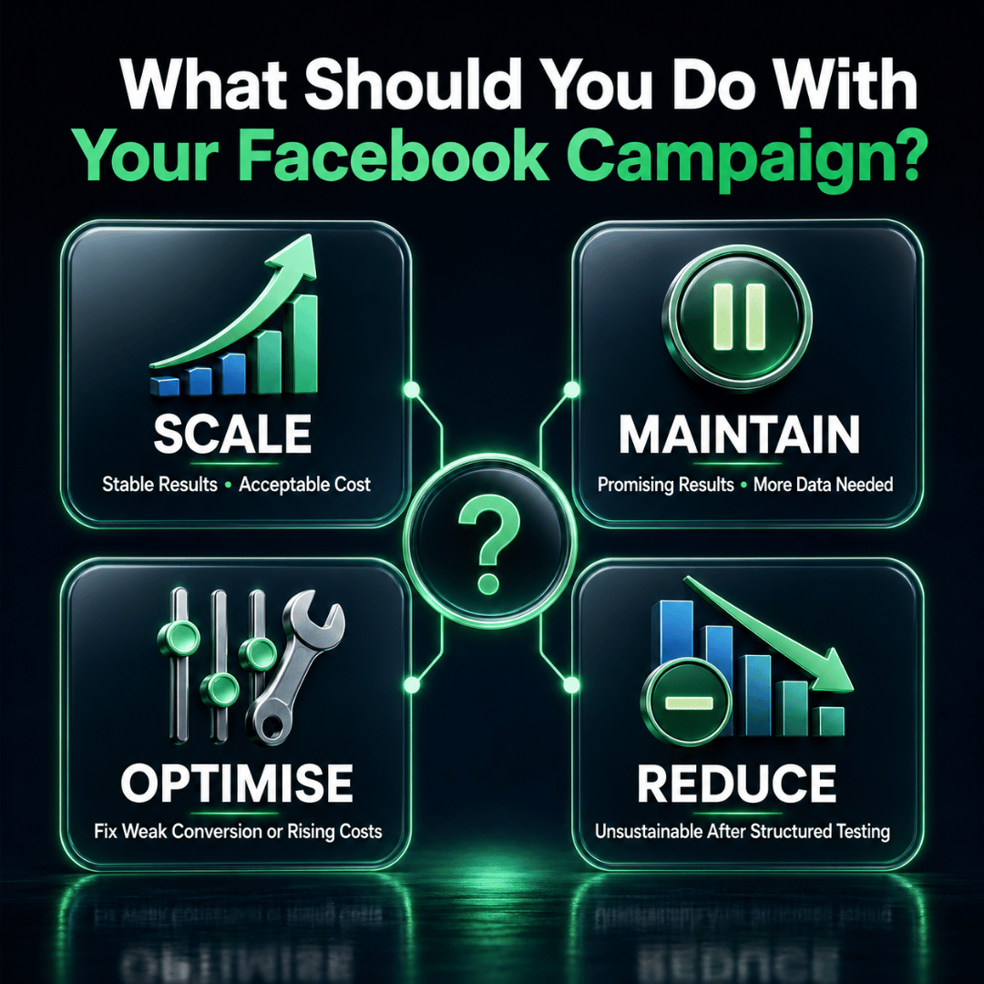 Facebook campaign decision guide showing when to scale, maintain, optimise or reduce advertising activity