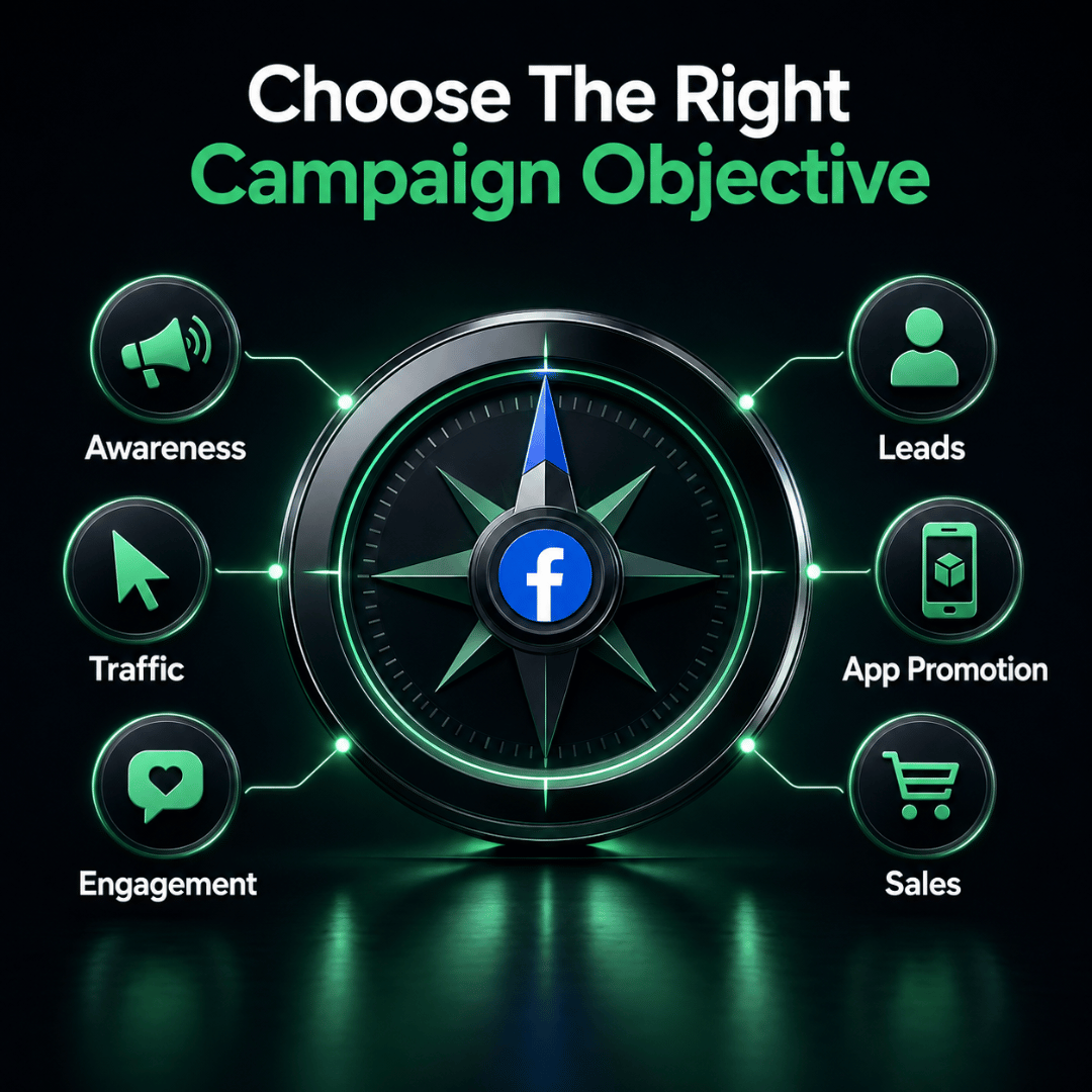 Facebook campaign objective guide comparing Awareness, Traffic, Engagement, Leads, App Promotion and Sales