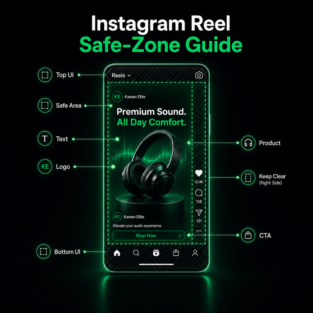 Instagram Reels ad safe-zone guide for text, logo, product and CTA placement Instagram Reels ad safe-zone guide for text, logo, product and CTA placement