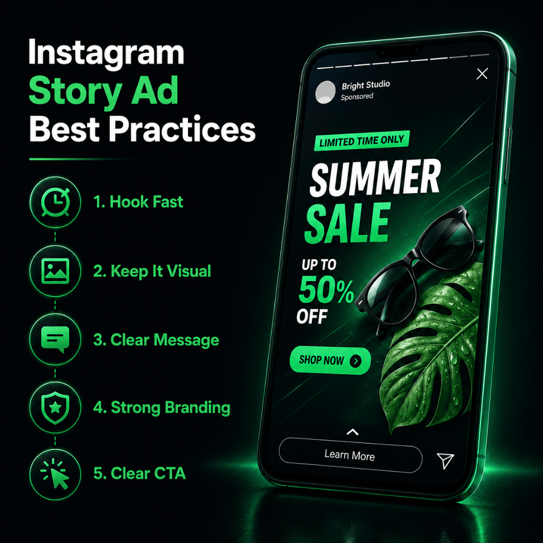 Instagram Story ad best practices including a strong hook visual message branding and CTA