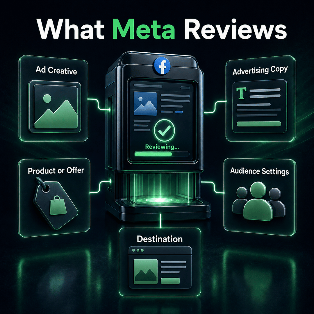 Facebook Ad Guidelines : Meta ad review checking the creative, advertising copy, product or offer, audience settings and landing page