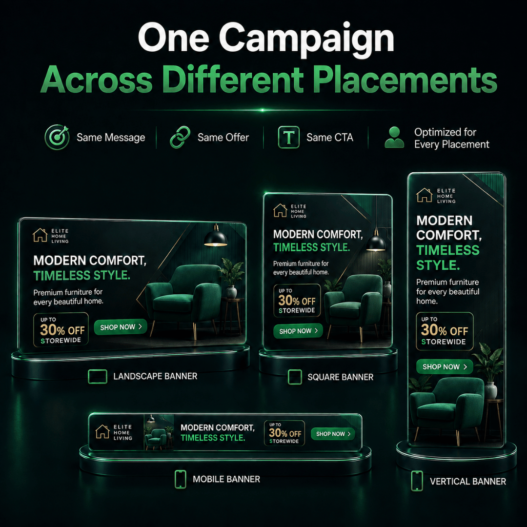 One banner campaign adapted across landscape, square, vertical and mobile placements One banner campaign adapted across landscape, square, vertical and mobile placements