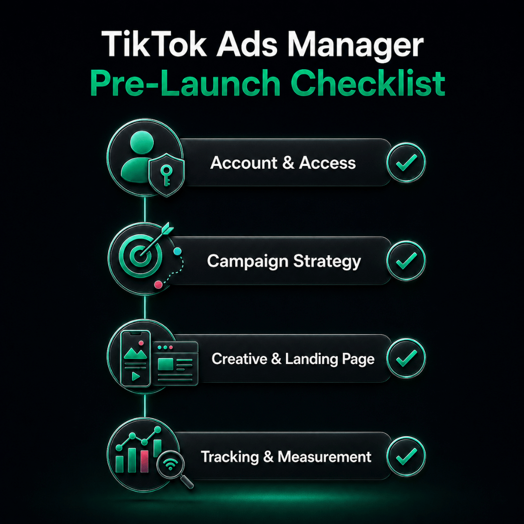 TikTok Ads Manager pre-launch checklist covering account access, campaign strategy, creative, landing pages and tracking.