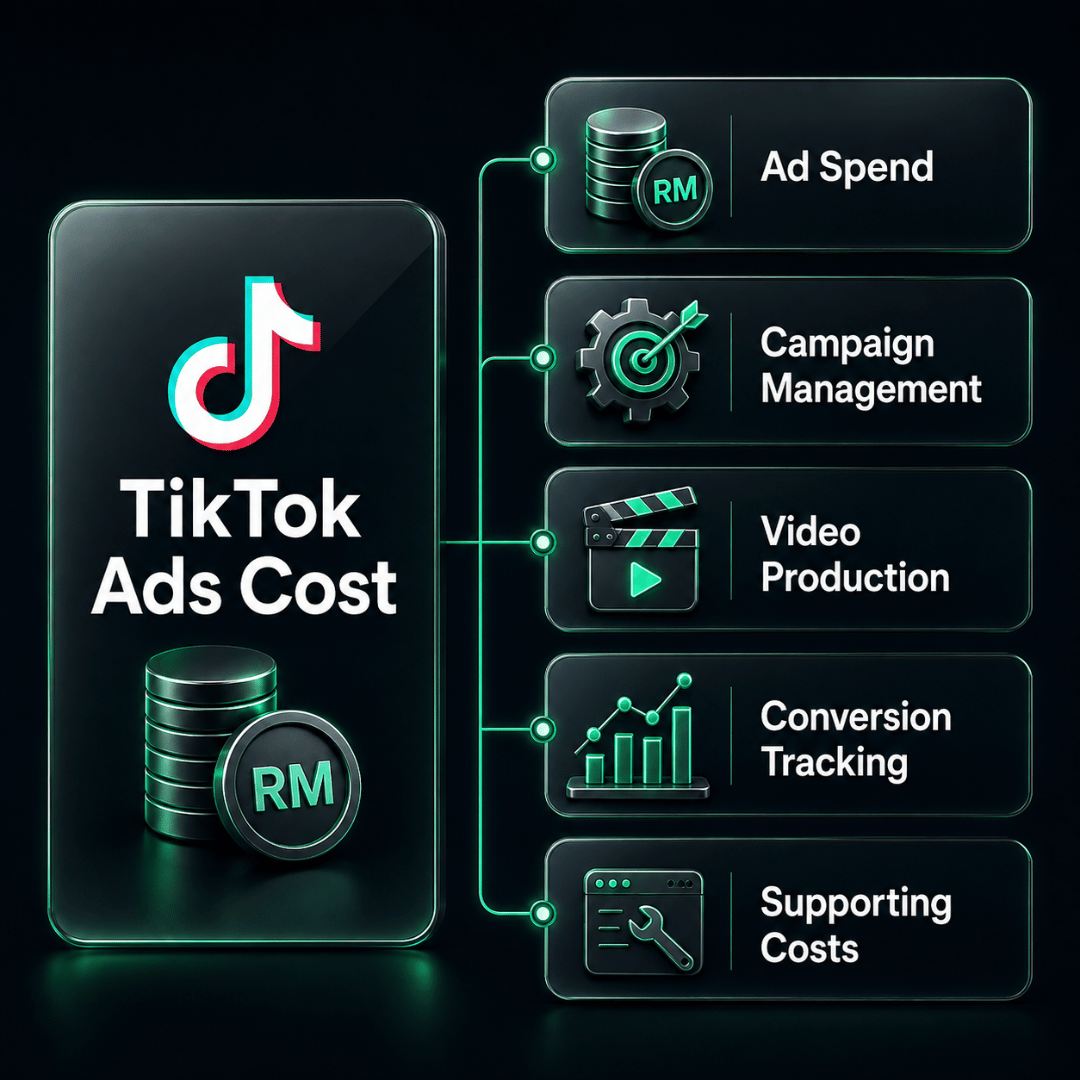 TikTok Ads cost breakdown showing ad spend, campaign management, video production, conversion tracking and supporting costs