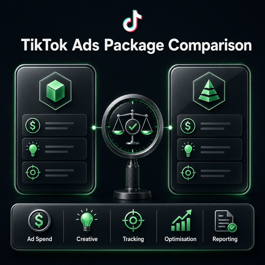TikTok Ads package comparison covering ad spend, creative, tracking, optimisation and reporting.
