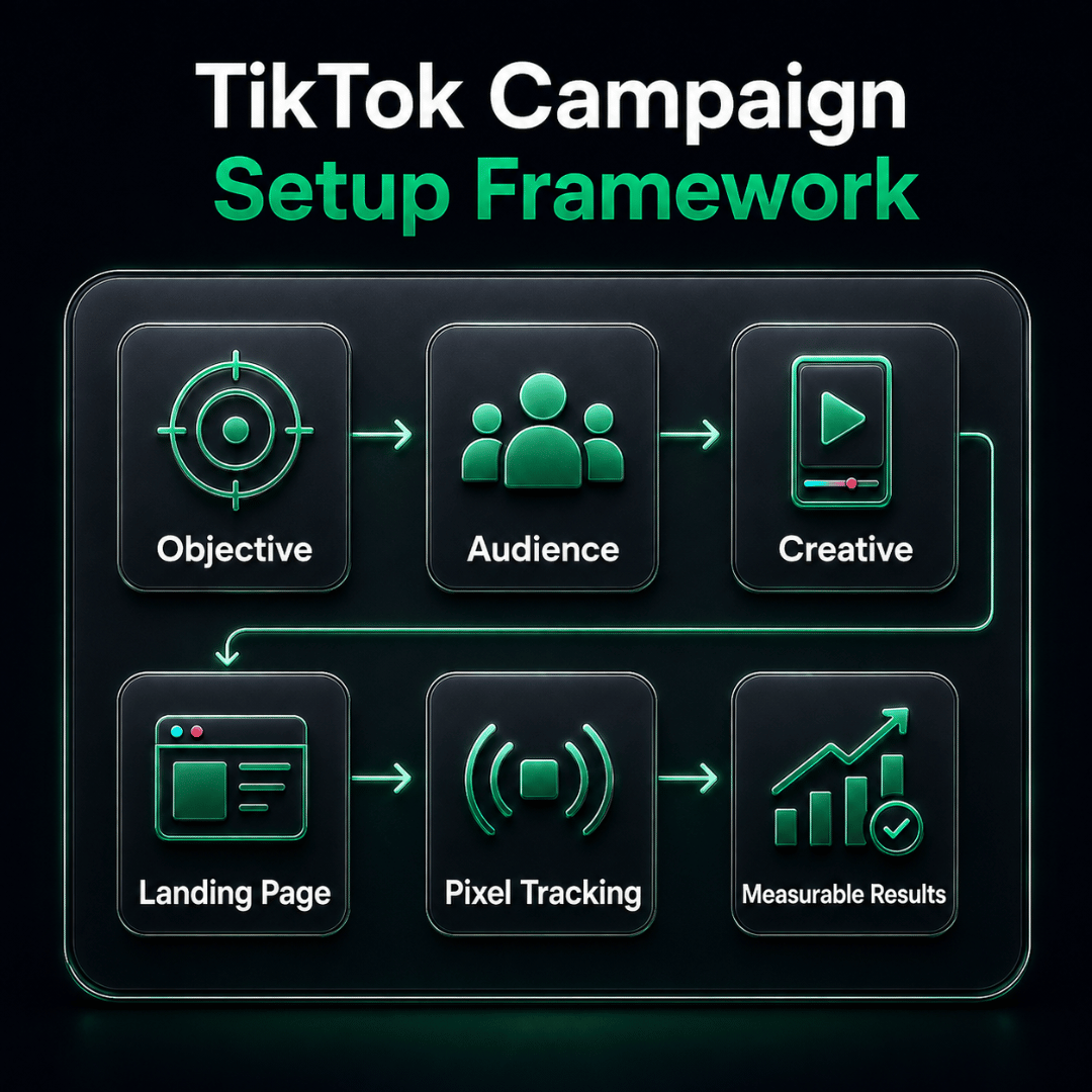 TikTok campaign setup framework connecting objectives, audience, creative, landing pages and conversion tracking.