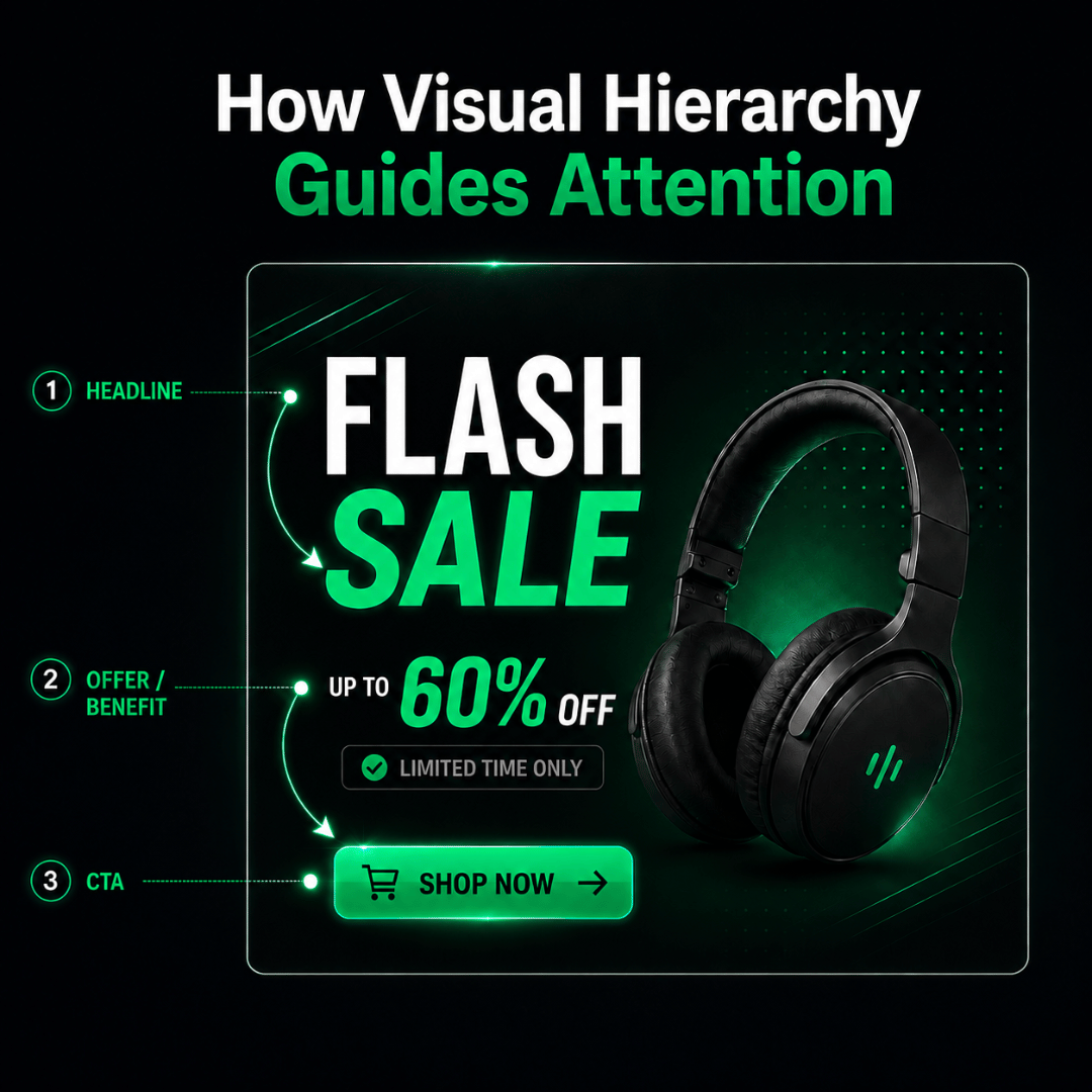 Visual hierarchy of a clear advertising banner from headline to offer and CTA
